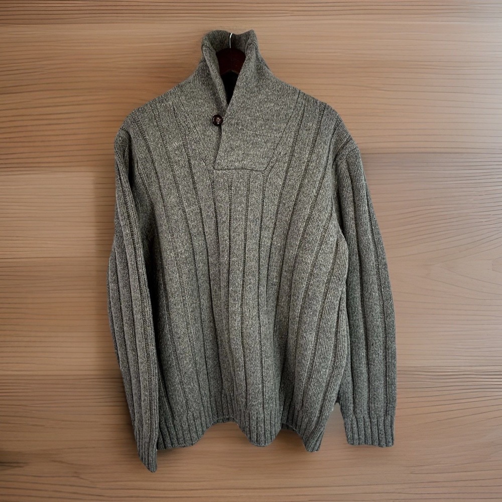 Merino Wool/Cotton Sweater L Gray Shawl Button Neck Ribbed Cabincore Grandpa‎